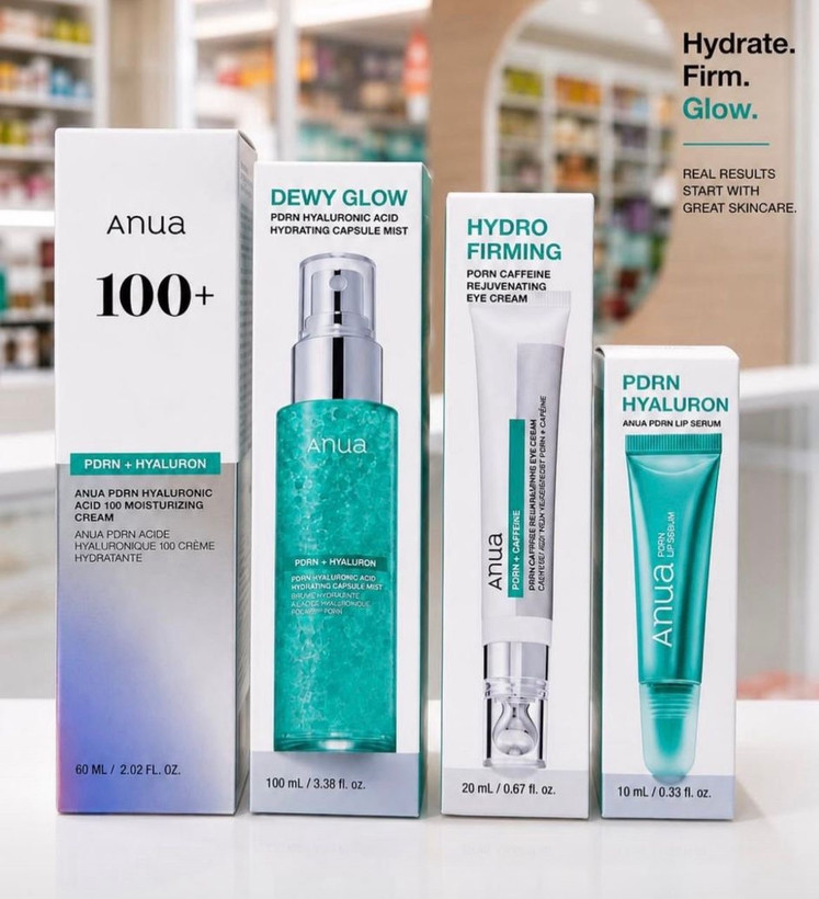 پک آبرسان و جوانساز Anua 100_کرم آبرسان PDRN + Hyaluron_سرم/میست Dewy Glow_کرم دور چشم Hydro Firming_سرم لبPDRN Hyaluron