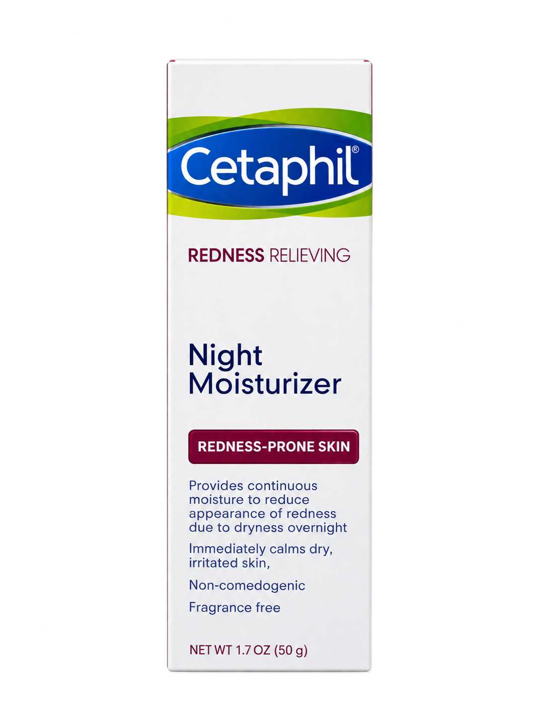 مرطوب‌کننده و آبرسان صورت * برند: Cetaphil (سِتافیل) * مدل: Redness Relieving Night Moisturizer * مرطوب‌کننده شب مخصوص پوست‌های مستعد قرمزی؛ کمک به کاهش ظاهر قرمزی ناشی از خشکی و تسکین پوست خشک و تحریک‌شده * مناسب برای: پوست‌های حساس و مستعد قرمزی * ویژگی‌ها: غیرکومدون‌زا، بدون عطر، مناسب استفاده شبانه * حجم: 50 گرم (1.7 oz)