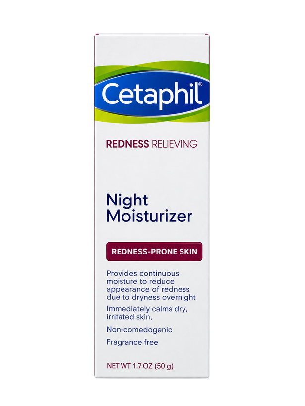 مرطوبکننده و آبرسان صورت * برند: Cetaphil (سِتافیل) * مدل: Redness Relieving Night Moisturizer * مرطوبکننده شب مخصوص پوستهای مستعد قرمزی؛ کمک به کاهش ظاهر قرمزی ناشی از خشکی و تسکین پوست خشک و تحریکشده * مناسب برای: پوستهای حساس و مستعد قرمزی * ویژگیها: غیرکومدونزا، بدون عطر، مناسب استفاده شبانه * حجم: 50 گرم (1.7 oz)